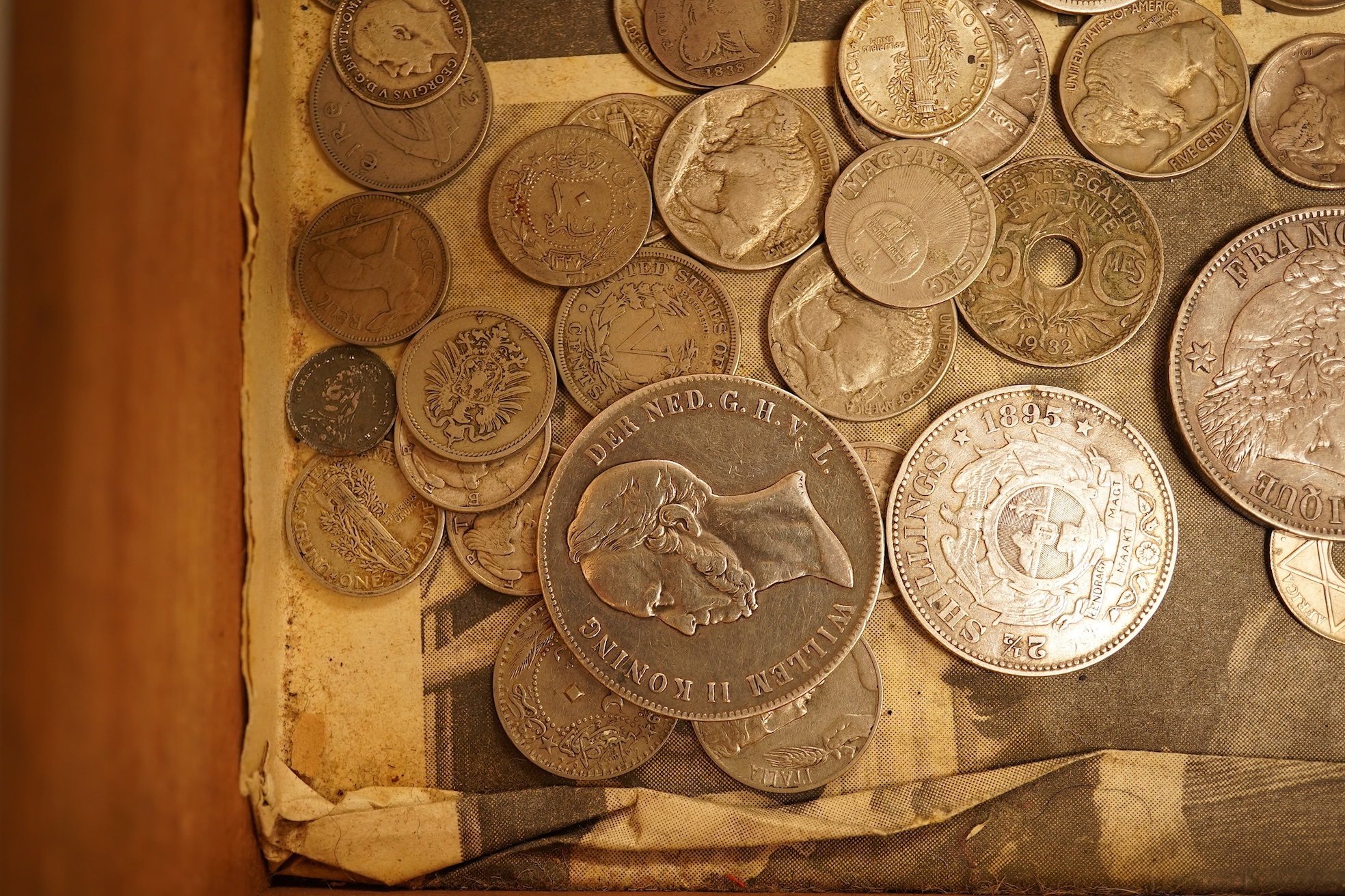 Assortment of silver coins to include a 5 Franc, 1851 and Queen Victoria four pence